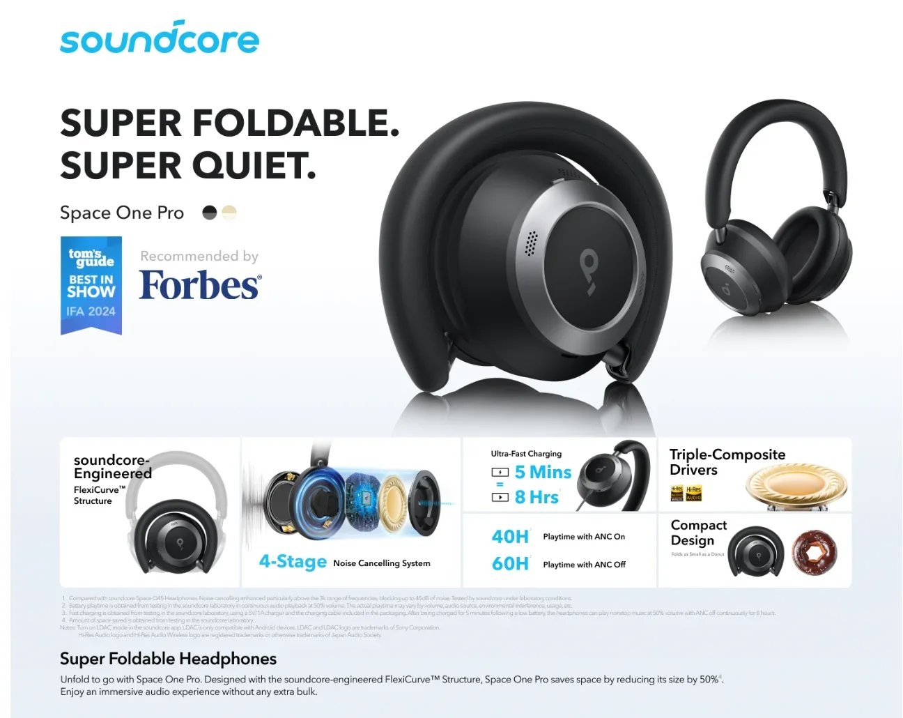 Original Soundcore Space One Pro Adaptive Active Noise Cancelling Headphones Driven by 6 Mics Super Foldable Design Hi-Res A3062