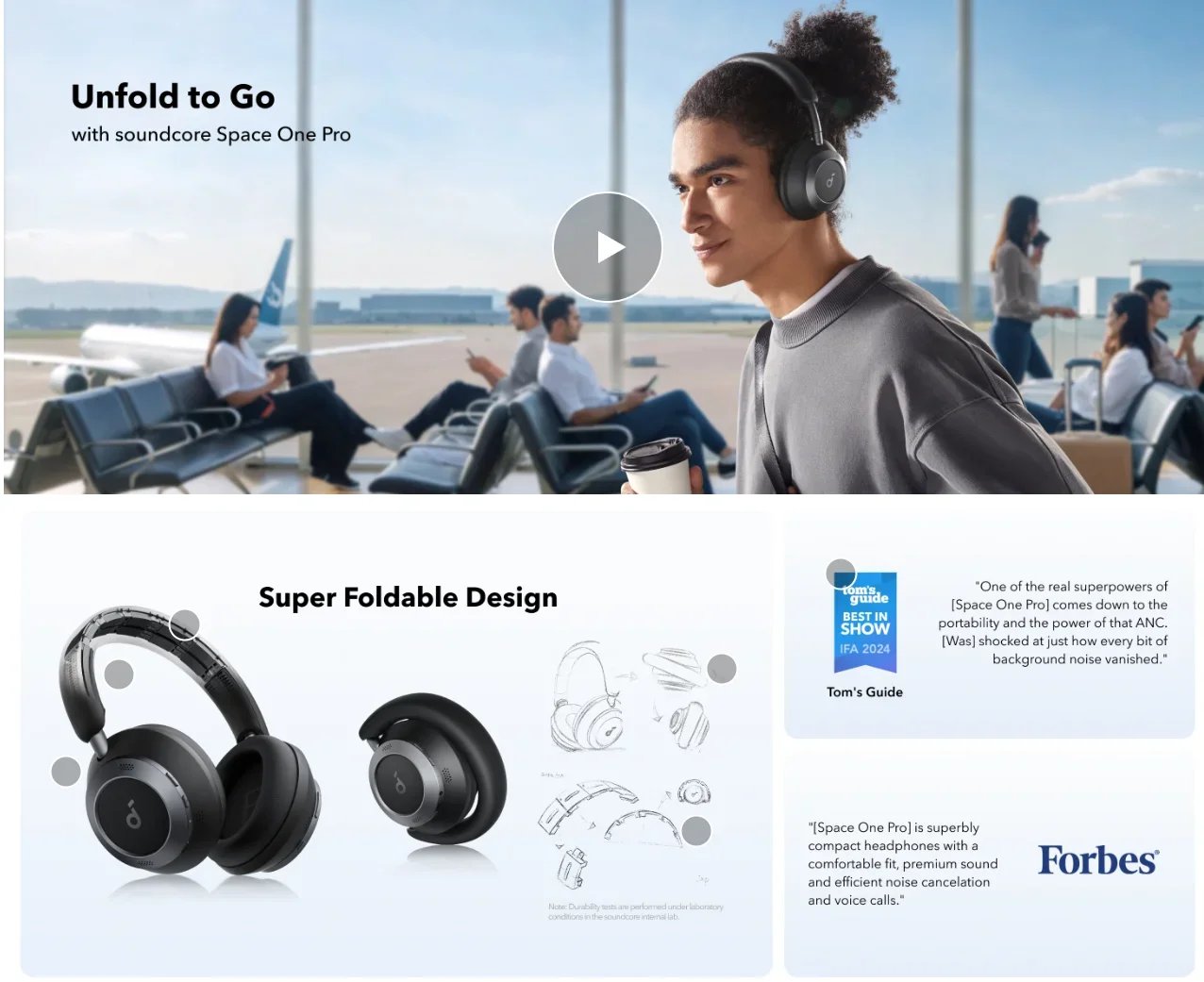 Original Soundcore Space One Pro Adaptive Active Noise Cancelling Headphones Driven by 6 Mics Super Foldable Design Hi-Res A3062